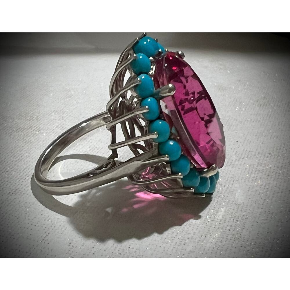 Pink Topaz & Sleeping Beauty Turquoise Halo Ring 925 Silver Sz 7 - Picture 6 of 7